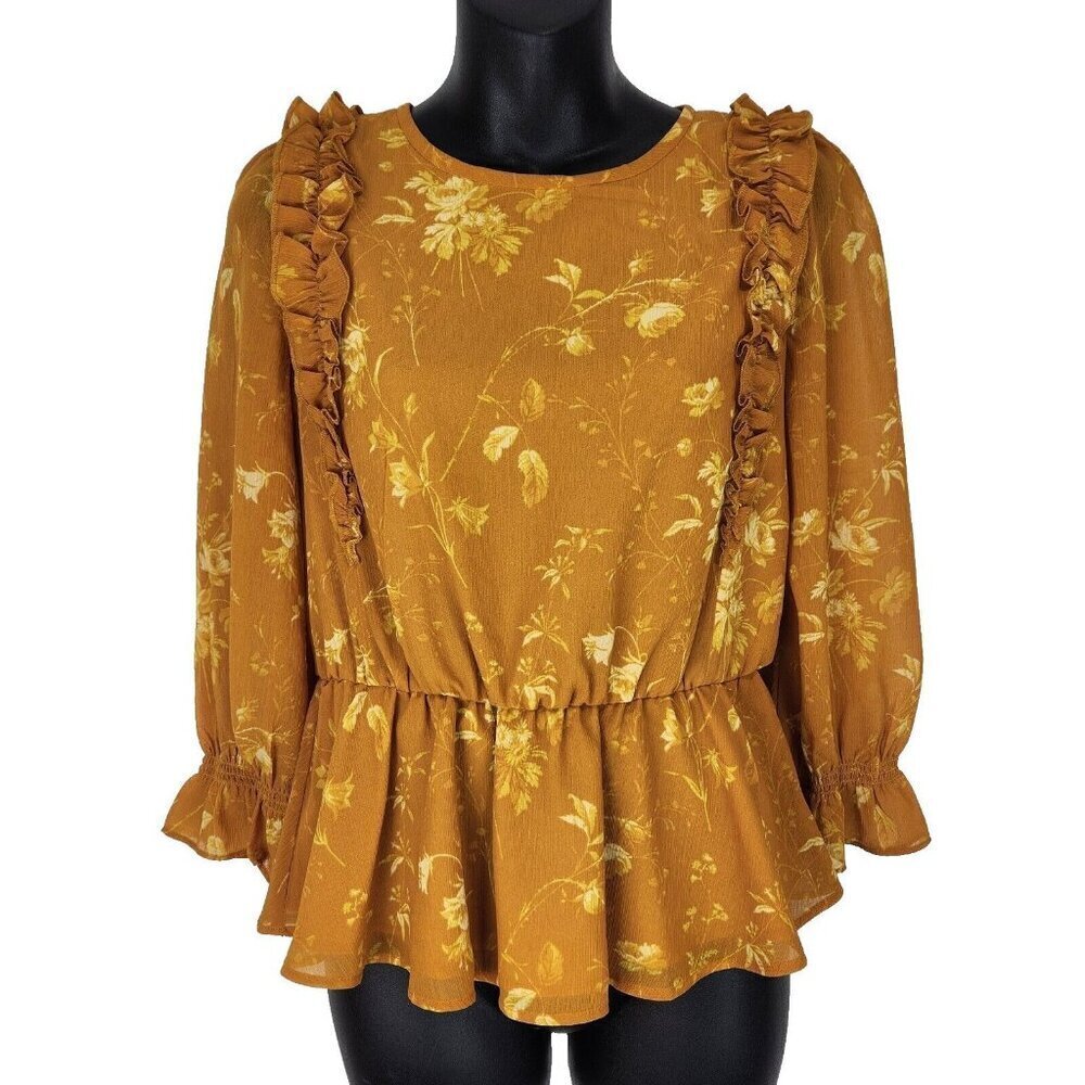 Madewell Peplum Ruffle Front Blouse XS Umber Floral Long Sleeve Cottagecore Boho